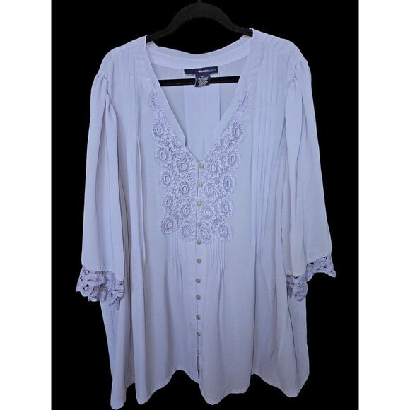 Denim 24/7 Juliet 28W Tunic Top Blue Lavender Pleated Blouse Sheer Crochet Lace - Picture 1 of 13